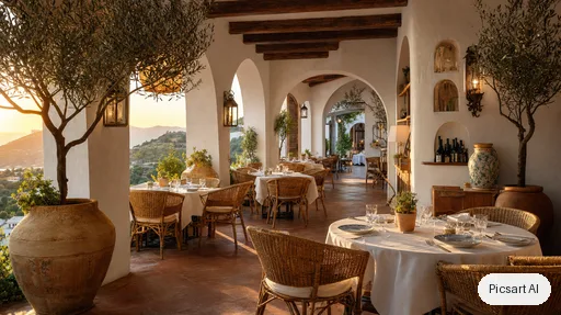 GPT Image 2: Mediterranean restaurant interior with white plaster arches, terracotta tiles, olive trees in large pots, rattan chairs and linen tablecloths, golden hour light through the arches, wide-angle shot