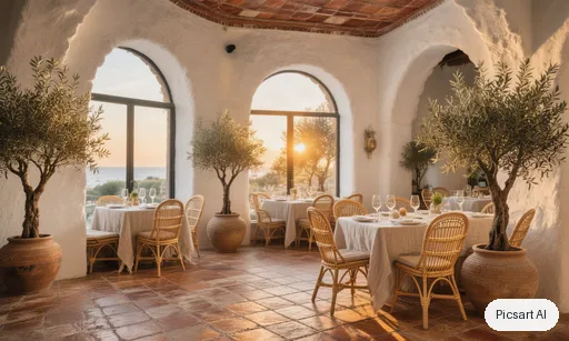 Hunyuan V3: Mediterranean restaurant interior with white plaster arches, terracotta tiles, olive trees in large pots, rattan chairs and linen tablecloths, golden hour light through the arches, wide-angle shot