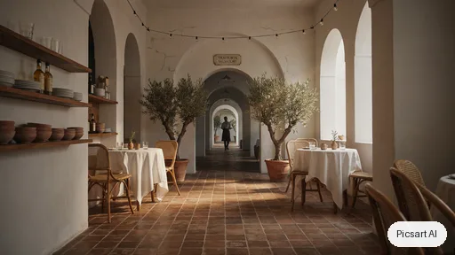 Ideogram 4.5: Mediterranean restaurant interior with white plaster arches, terracotta tiles, olive trees in large pots, rattan chairs and linen tablecloths, golden hour light through the arches, wide-angle shot