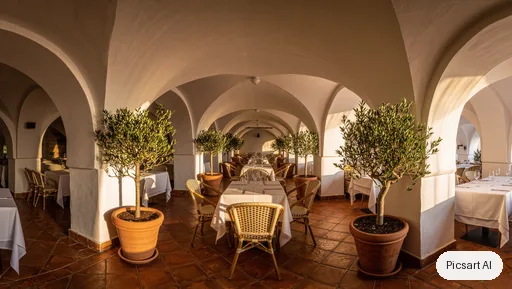 Kling 3.0 Image: Mediterranean restaurant interior with white plaster arches, terracotta tiles, olive trees in large pots, rattan chairs and linen tablecloths, golden hour light through the arches, wide-angle shot