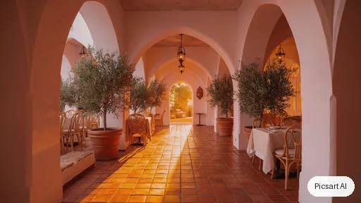 Luma UNI-1: Mediterranean restaurant interior with white plaster arches, terracotta tiles, olive trees in large pots, rattan chairs and linen tablecloths, golden hour light through the arches, wide-angle shot