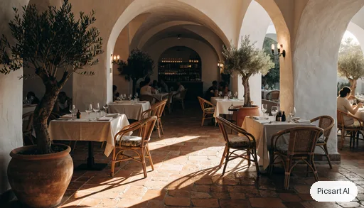 Recraft V4.1: Mediterranean restaurant interior with white plaster arches, terracotta tiles, olive trees in large pots, rattan chairs and linen tablecloths, golden hour light through the arches, wide-angle shot