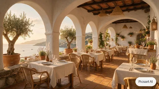 Seedream 5.0 Pro: Mediterranean restaurant interior with white plaster arches, terracotta tiles, olive trees in large pots, rattan chairs and linen tablecloths, golden hour light through the arches, wide-angle shot