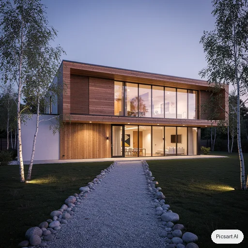 Flux 2 Pro: Modern two-storey house exterior at dusk with large glass windows, warm interior lights, a cedar wood facade, a gravel path and a few birch trees, architectural photograph