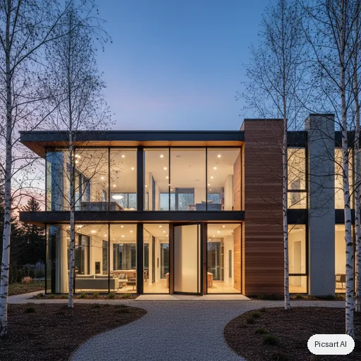 Nano Banana: Modern two-storey house exterior at dusk with large glass windows, warm interior lights, a cedar wood facade, a gravel path and a few birch trees, architectural photograph