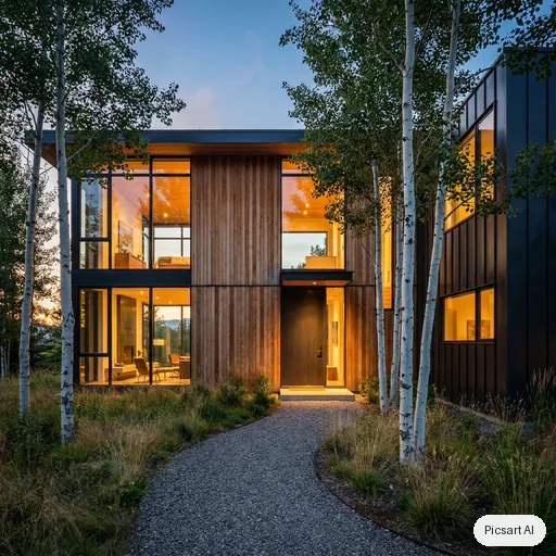 Nano Banana Pro: Modern two-storey house exterior at dusk with large glass windows, warm interior lights, a cedar wood facade, a gravel path and a few birch trees, architectural photograph