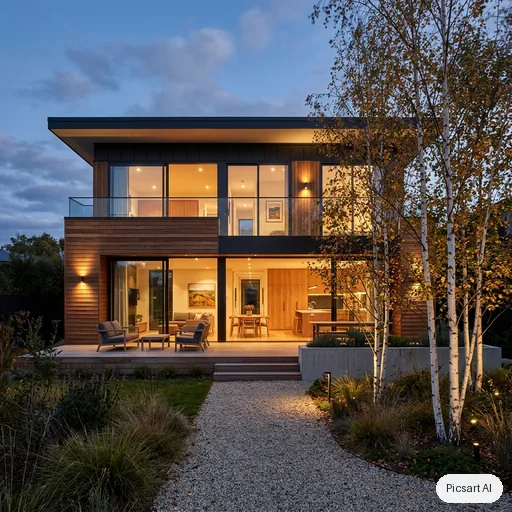 Nano Banana 2: Modern two-storey house exterior at dusk with large glass windows, warm interior lights, a cedar wood facade, a gravel path and a few birch trees, architectural photograph