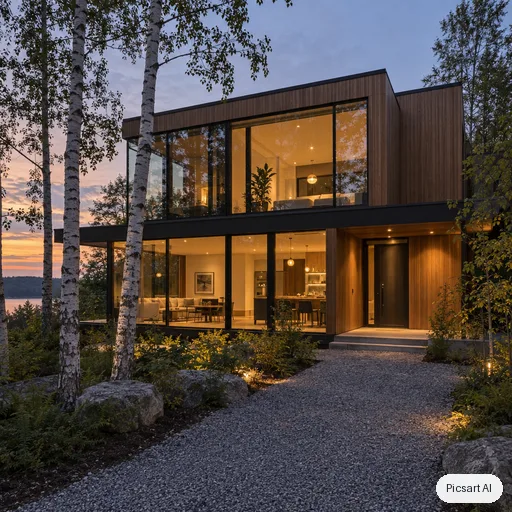 GPT Image 2.5 Sunburst: Modern two-storey house exterior at dusk with large glass windows, warm interior lights, a cedar wood facade, a gravel path and a few birch trees, architectural photograph