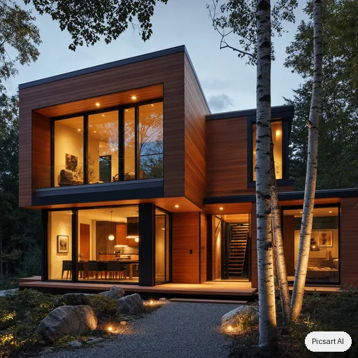 GPT Image 2: Modern two-storey house exterior at dusk with large glass windows, warm interior lights, a cedar wood facade, a gravel path and a few birch trees, architectural photograph