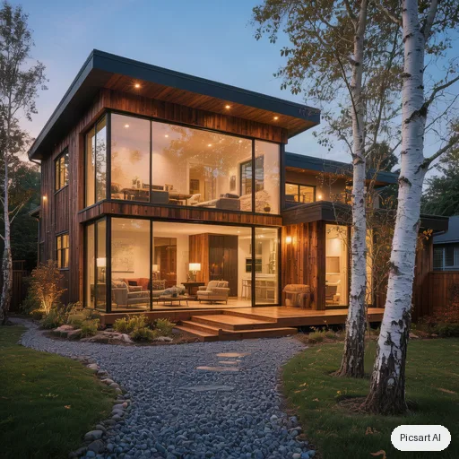 Hunyuan V3 output for: Modern two-storey house exterior at dusk with large glass windows, warm interior lights, a cedar wood facade, a gravel path and a few birch trees, architectural photograph