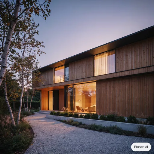 Ideogram 4.5: Modern two-storey house exterior at dusk with large glass windows, warm interior lights, a cedar wood facade, a gravel path and a few birch trees, architectural photograph