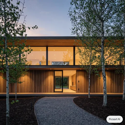 Kling 3.0 Image: Modern two-storey house exterior at dusk with large glass windows, warm interior lights, a cedar wood facade, a gravel path and a few birch trees, architectural photograph