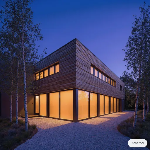Luma UNI-1: Modern two-storey house exterior at dusk with large glass windows, warm interior lights, a cedar wood facade, a gravel path and a few birch trees, architectural photograph