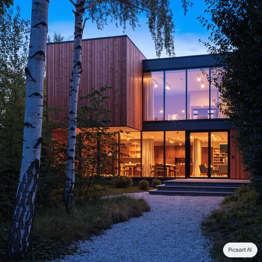 Recraft V4.1: Modern two-storey house exterior at dusk with large glass windows, warm interior lights, a cedar wood facade, a gravel path and a few birch trees, architectural photograph