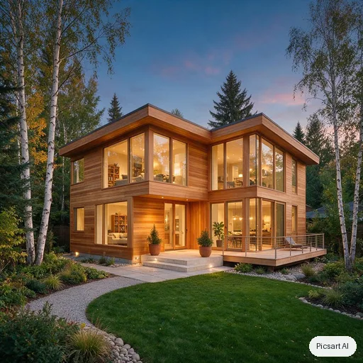 Seedream 5.0 Pro: Modern two-storey house exterior at dusk with large glass windows, warm interior lights, a cedar wood facade, a gravel path and a few birch trees, architectural photograph