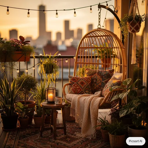 Flux 2 Pro: boho balcony makeover, string lights, rattan hanging chair, lots of plants, patterned cushions, city view at sunset