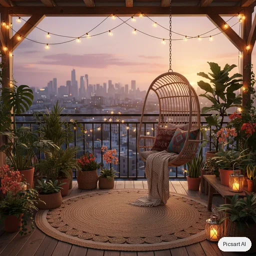 Nano Banana: boho balcony makeover, string lights, rattan hanging chair, lots of plants, patterned cushions, city view at sunset