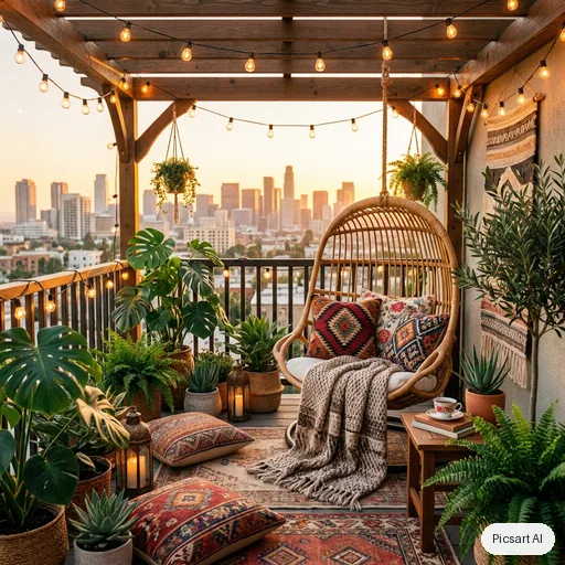 Nano Banana Pro: boho balcony makeover, string lights, rattan hanging chair, lots of plants, patterned cushions, city view at sunset