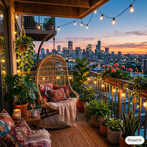 Nano Banana 2: boho balcony makeover, string lights, rattan hanging chair, lots of plants, patterned cushions, city view at sunset