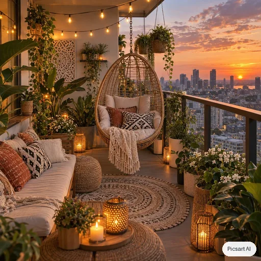GPT Image 2.5 Sunburst: boho balcony makeover, string lights, rattan hanging chair, lots of plants, patterned cushions, city view at sunset