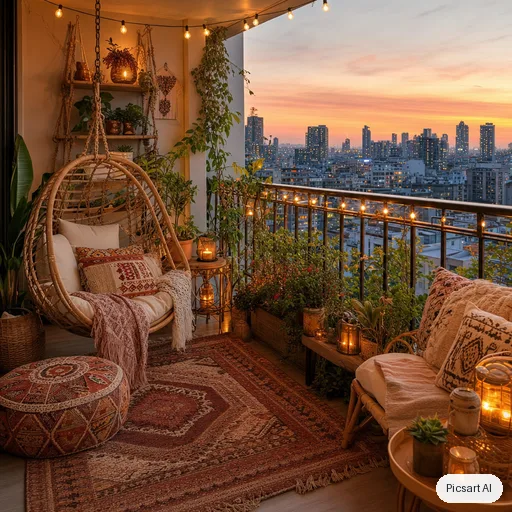GPT Image 2: boho balcony makeover, string lights, rattan hanging chair, lots of plants, patterned cushions, city view at sunset