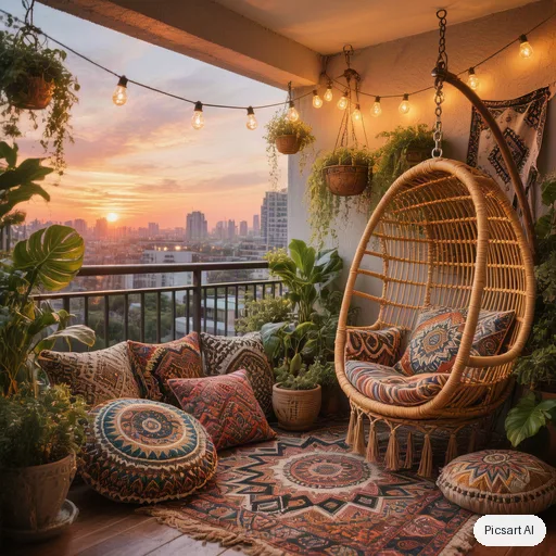 Hunyuan V3: boho balcony makeover, string lights, rattan hanging chair, lots of plants, patterned cushions, city view at sunset
