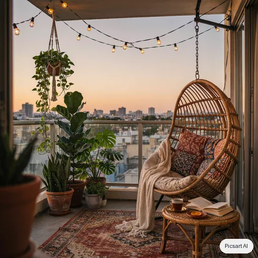 Ideogram 4.5: boho balcony makeover, string lights, rattan hanging chair, lots of plants, patterned cushions, city view at sunset