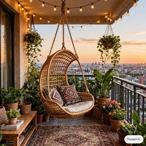 Kling 3.0 Image: boho balcony makeover, string lights, rattan hanging chair, lots of plants, patterned cushions, city view at sunset
