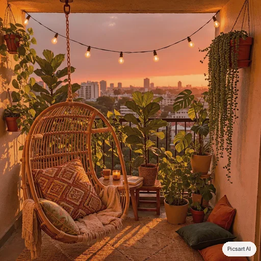 Luma UNI-1: boho balcony makeover, string lights, rattan hanging chair, lots of plants, patterned cushions, city view at sunset