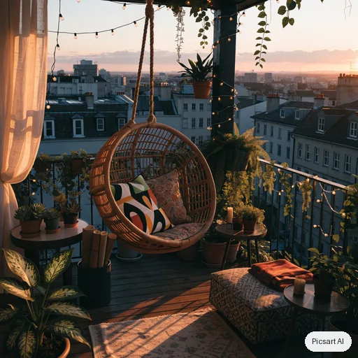 Recraft V4.1: boho balcony makeover, string lights, rattan hanging chair, lots of plants, patterned cushions, city view at sunset