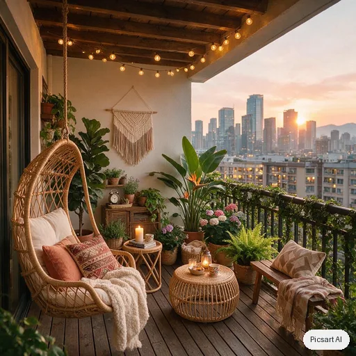 Seedream 5.0 Pro: boho balcony makeover, string lights, rattan hanging chair, lots of plants, patterned cushions, city view at sunset