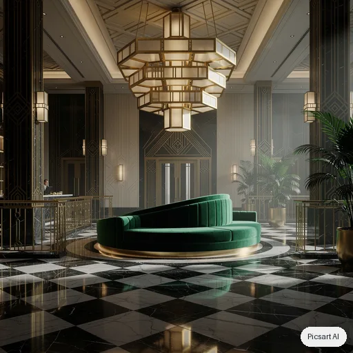 Flux 2 Pro: Art deco hotel lobby with a black and white marble floor, brass detailing, a curved emerald velvet sofa and a dramatic geometric chandelier, cinematic lighting