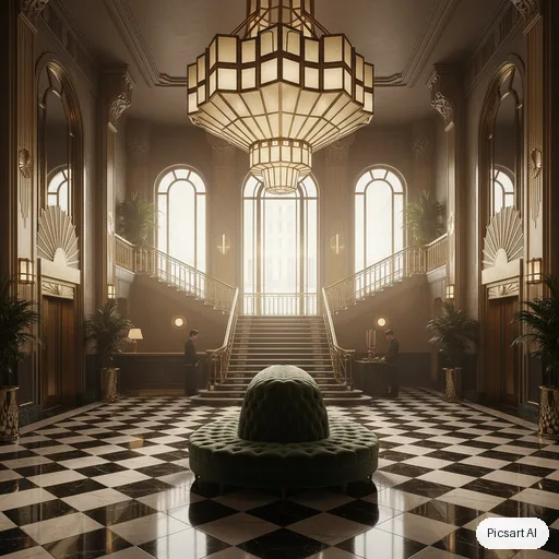 Nano Banana: Art deco hotel lobby with a black and white marble floor, brass detailing, a curved emerald velvet sofa and a dramatic geometric chandelier, cinematic lighting