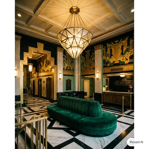 Nano Banana Pro: Art deco hotel lobby with a black and white marble floor, brass detailing, a curved emerald velvet sofa and a dramatic geometric chandelier, cinematic lighting