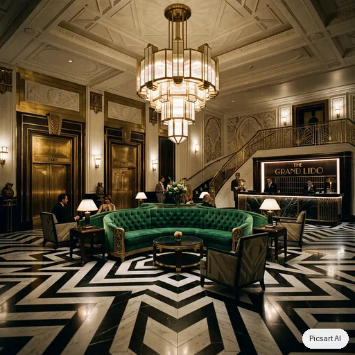 Nano Banana 2: Art deco hotel lobby with a black and white marble floor, brass detailing, a curved emerald velvet sofa and a dramatic geometric chandelier, cinematic lighting