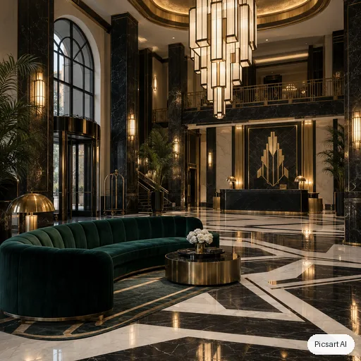 GPT Image 2.5 Sunburst: Art deco hotel lobby with a black and white marble floor, brass detailing, a curved emerald velvet sofa and a dramatic geometric chandelier, cinematic lighting
