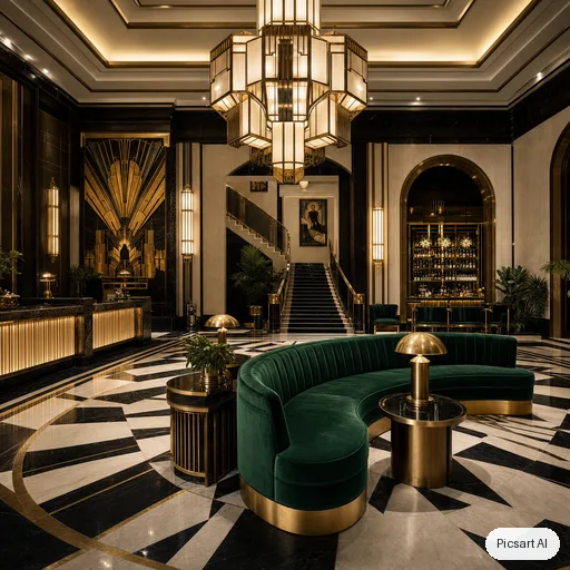 GPT Image 2: Art deco hotel lobby with a black and white marble floor, brass detailing, a curved emerald velvet sofa and a dramatic geometric chandelier, cinematic lighting