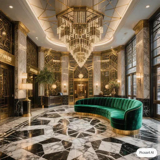 Hunyuan V3: Art deco hotel lobby with a black and white marble floor, brass detailing, a curved emerald velvet sofa and a dramatic geometric chandelier, cinematic lighting