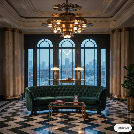 Ideogram 4.5: Art deco hotel lobby with a black and white marble floor, brass detailing, a curved emerald velvet sofa and a dramatic geometric chandelier, cinematic lighting