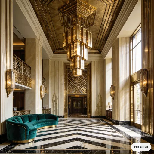 Kling 3.0 Image: Art deco hotel lobby with a black and white marble floor, brass detailing, a curved emerald velvet sofa and a dramatic geometric chandelier, cinematic lighting