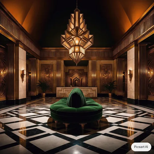 Luma UNI-1: Art deco hotel lobby with a black and white marble floor, brass detailing, a curved emerald velvet sofa and a dramatic geometric chandelier, cinematic lighting