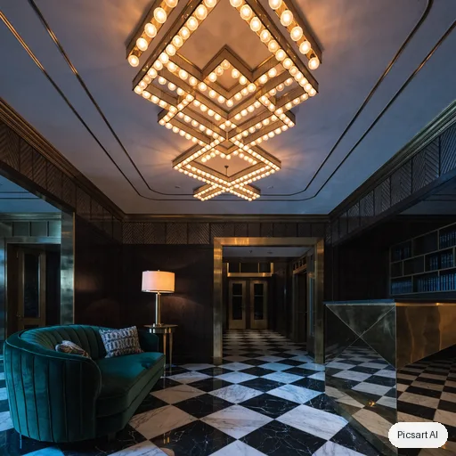 Recraft V4.1: Art deco hotel lobby with a black and white marble floor, brass detailing, a curved emerald velvet sofa and a dramatic geometric chandelier, cinematic lighting