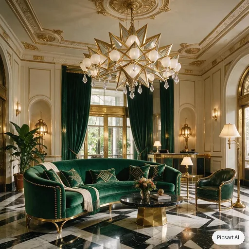 Seedream 5.0 Pro: Art deco hotel lobby with a black and white marble floor, brass detailing, a curved emerald velvet sofa and a dramatic geometric chandelier, cinematic lighting