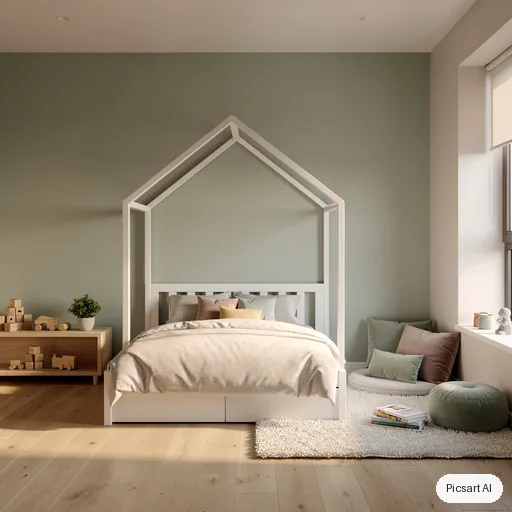 Flux 2 Pro: Minimalist kids bedroom with a house-shaped bed frame, sage green walls, a reading nook with cushions, wooden toys, soft morning light, photorealistic render