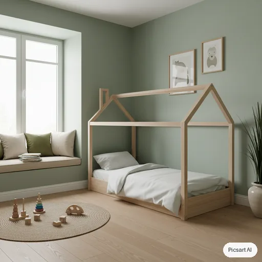 Nano Banana: Minimalist kids bedroom with a house-shaped bed frame, sage green walls, a reading nook with cushions, wooden toys, soft morning light, photorealistic render