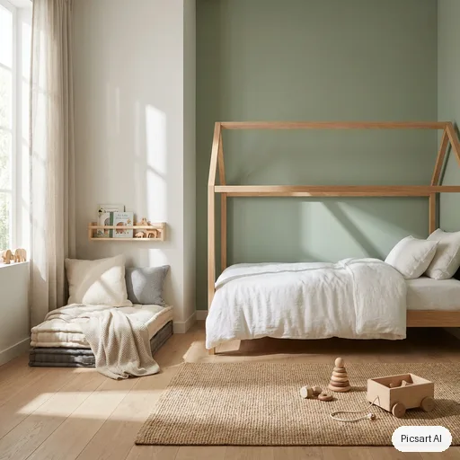 Nano Banana Pro: Minimalist kids bedroom with a house-shaped bed frame, sage green walls, a reading nook with cushions, wooden toys, soft morning light, photorealistic render