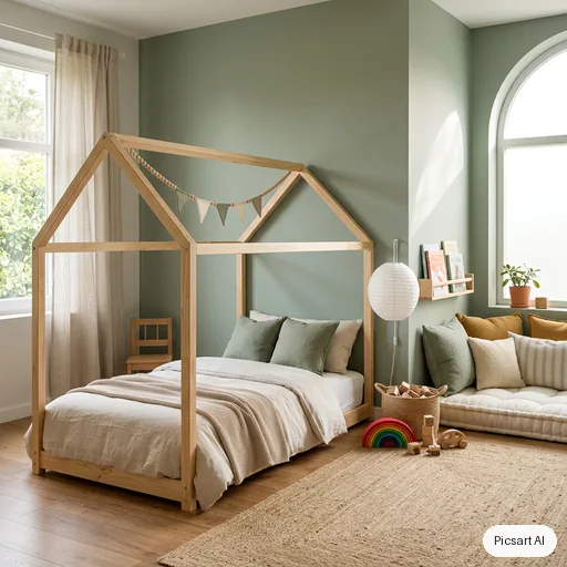 Nano Banana 2: Minimalist kids bedroom with a house-shaped bed frame, sage green walls, a reading nook with cushions, wooden toys, soft morning light, photorealistic render