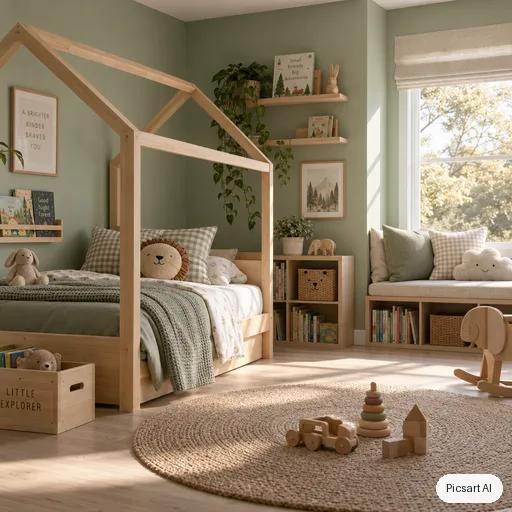 GPT Image 2.5 Sunburst: Minimalist kids bedroom with a house-shaped bed frame, sage green walls, a reading nook with cushions, wooden toys, soft morning light, photorealistic render