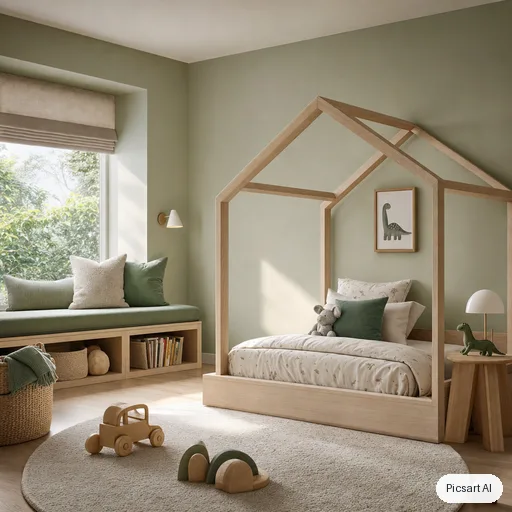 GPT Image 2: Minimalist kids bedroom with a house-shaped bed frame, sage green walls, a reading nook with cushions, wooden toys, soft morning light, photorealistic render