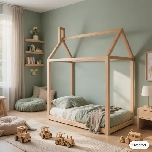 Hunyuan V3: Minimalist kids bedroom with a house-shaped bed frame, sage green walls, a reading nook with cushions, wooden toys, soft morning light, photorealistic render